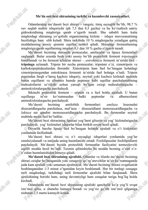 me’da osti bezi shirasining tarkibi va hazmlovchi xususiyatlari — DOCX