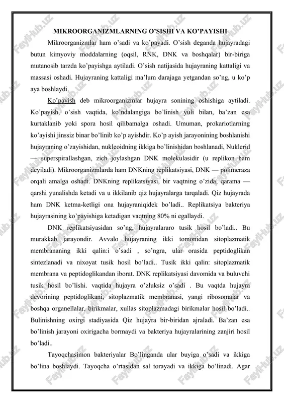 mikroorganizmlarning o'sishi va ko'payishi — DOC