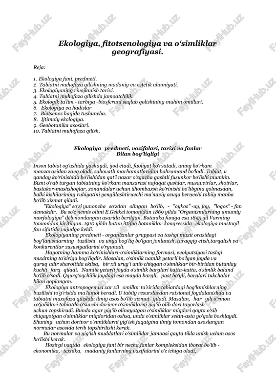 ekologiya, fitotsenologiya va o‘simliklar geografiyasi — DOCX