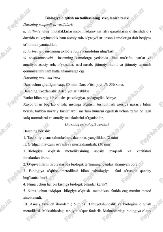 biologiya o’qitish metodikasining rivojlanish tarixi — DOC