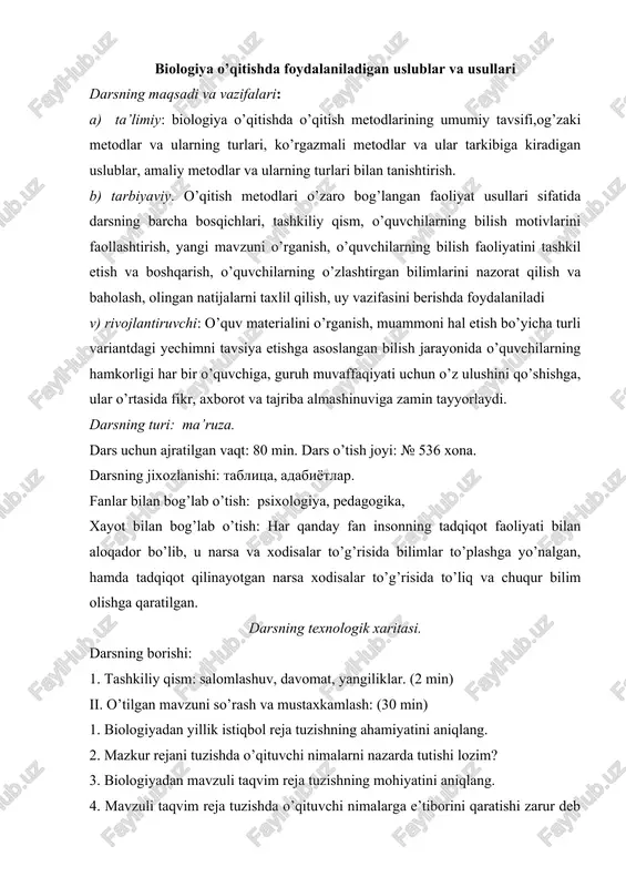 biologiya o’qitishda foydalaniladigan uslublar va usullari — DOC
