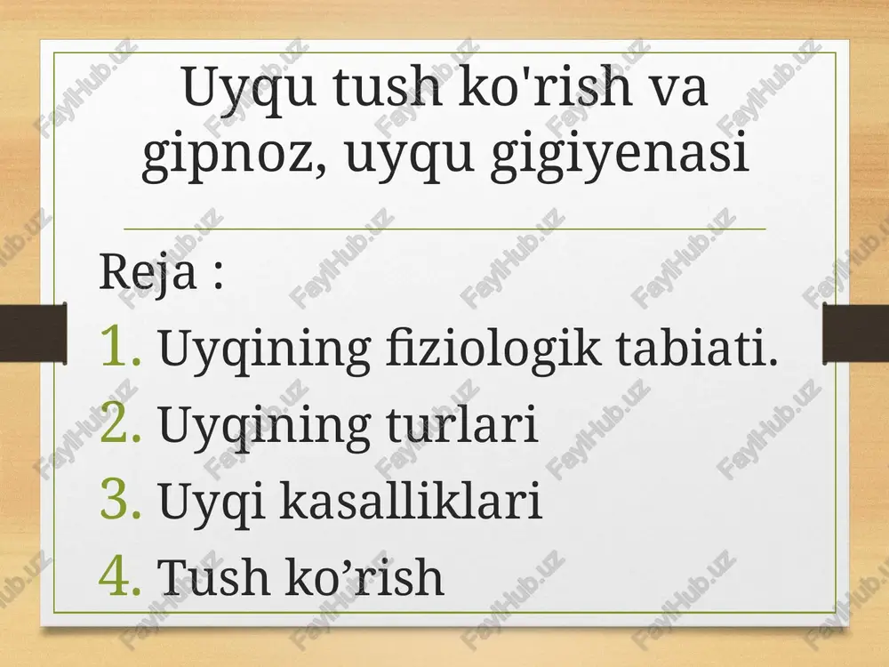 uyqutush ko'rish va gipnoz, uyqu gigiyenasi — PPTX