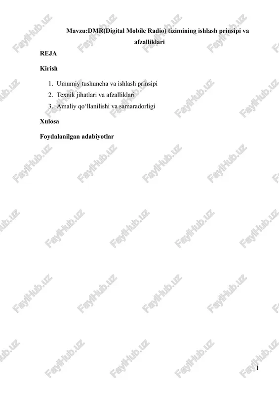 dmr(digital mobile radio) tizimining ishlash prinsipi va afzalliklari — DOCX