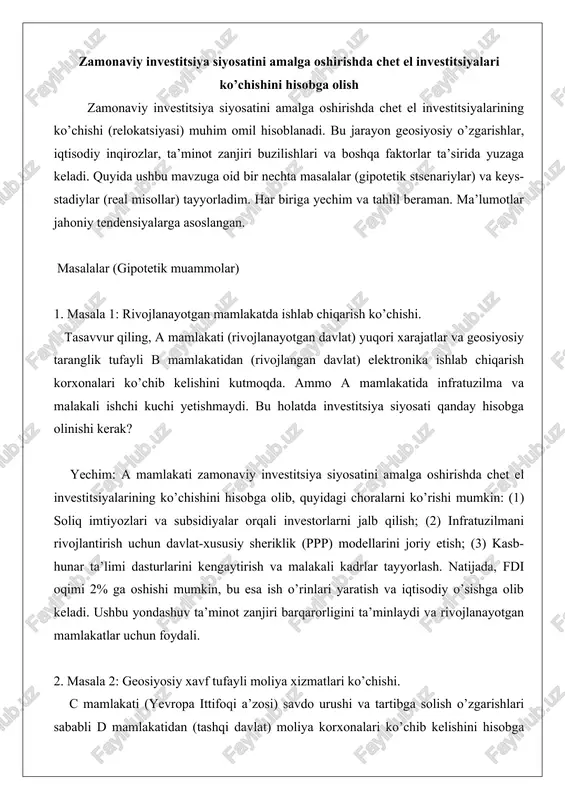zamonaviy investitsiya siyosati — DOCX