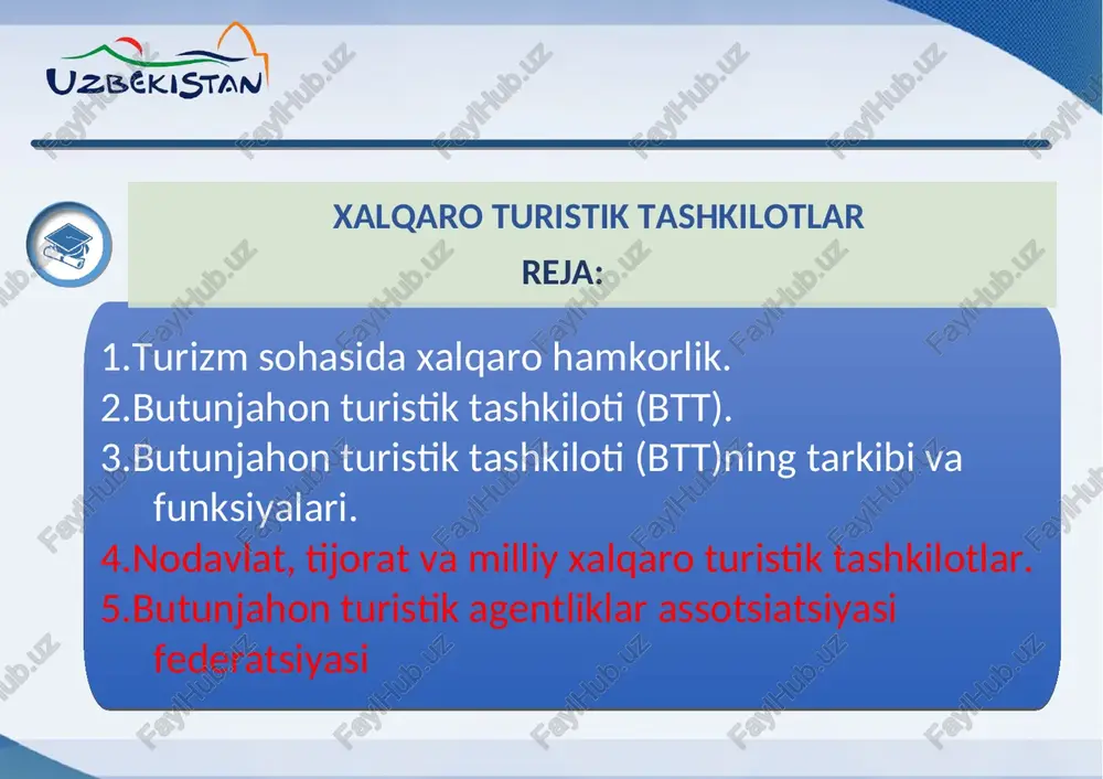 butunjahon turistik tashkiloti (btt)ning tarkibi va funksiyalari — PPT