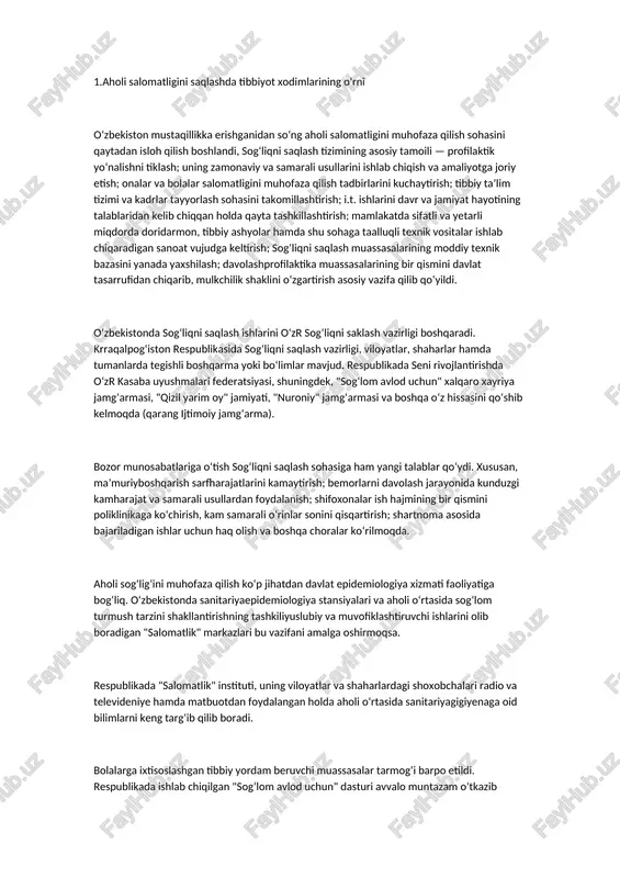 aholi salomatligini saqlashda tibbiyot xodimlarining o'rni — DOC