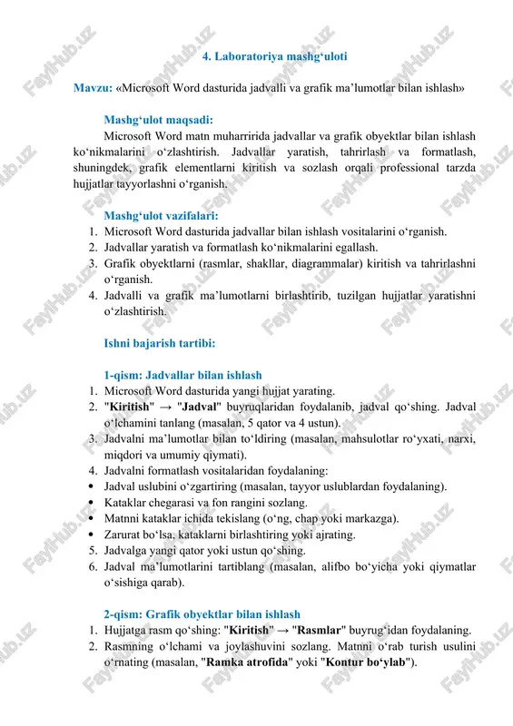 microsoft word dasturida jadvalli va grafik ma’lumotlar bilan ishlash — DOC