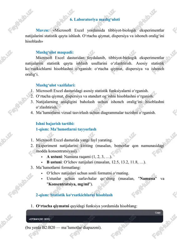 microsoft excel yordamida tibbiyot-biologik eksperimentlar natijalarini statistik qayta ishlash — DOC