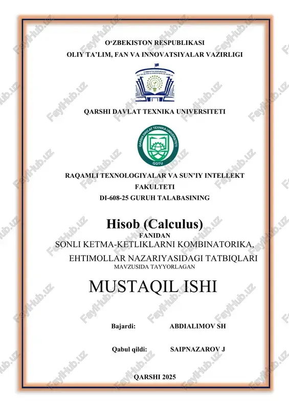 sonli ketma-ketliklarni kombinatorika, ehtimollar nazariyasidagi tatbiqlari — DOCX