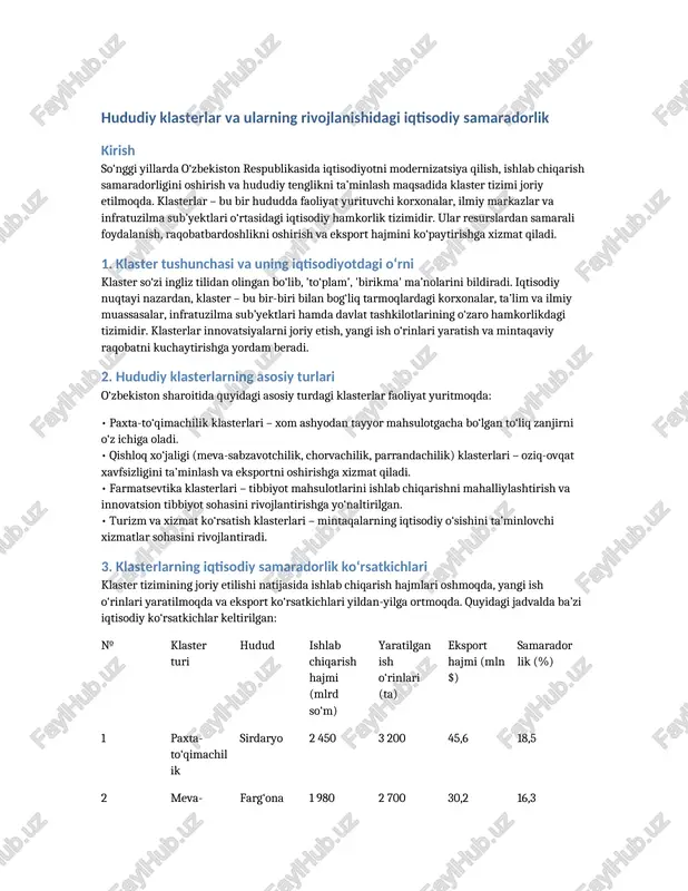 hududiy klasterlar — DOCX