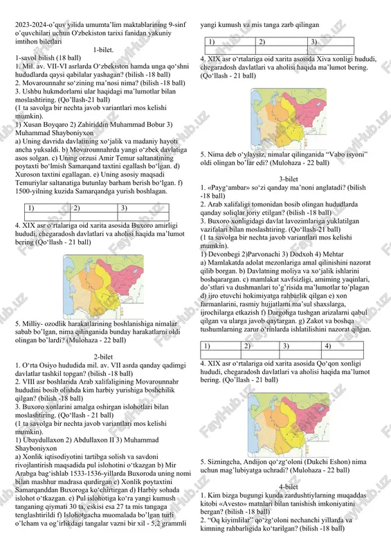 o'zbekiston tarixi fanidan yakuniy imtihon biletlari — DOC