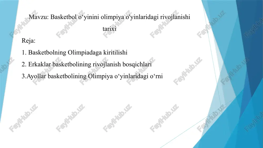 basketbol o‘yinini olimpiya o'yinlaridagi rivojlanishi tarixi — PPTX