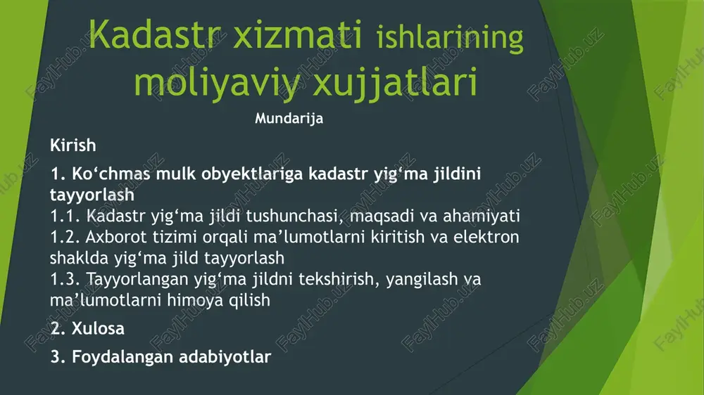 kadastrxizmatiishlariningmoliyaviyxujjatlari — PPTX