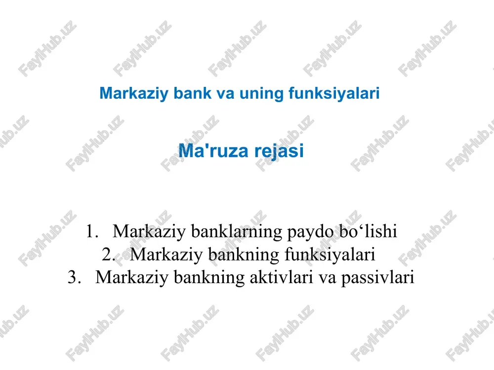 markaziy bank va uning funksiyalari — PPTX