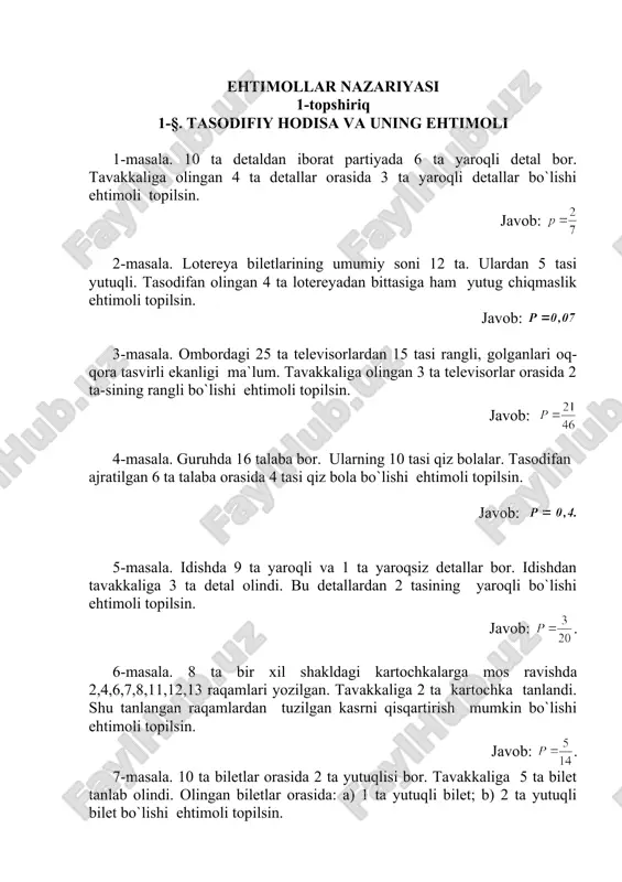 ehtimollar nazariyasidan masalalar docx — DOC
