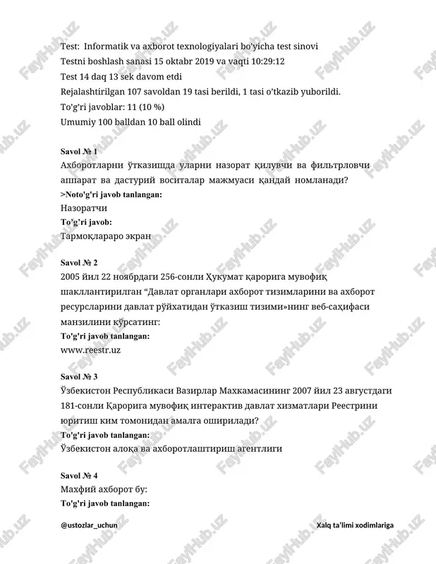 informatik va axborot texnologiyalari bo'yicha test sinovi — DOCX