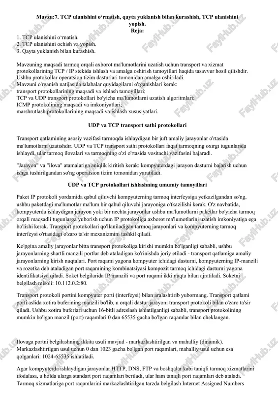 udp va tcp transport sathi protokollari — DOCX