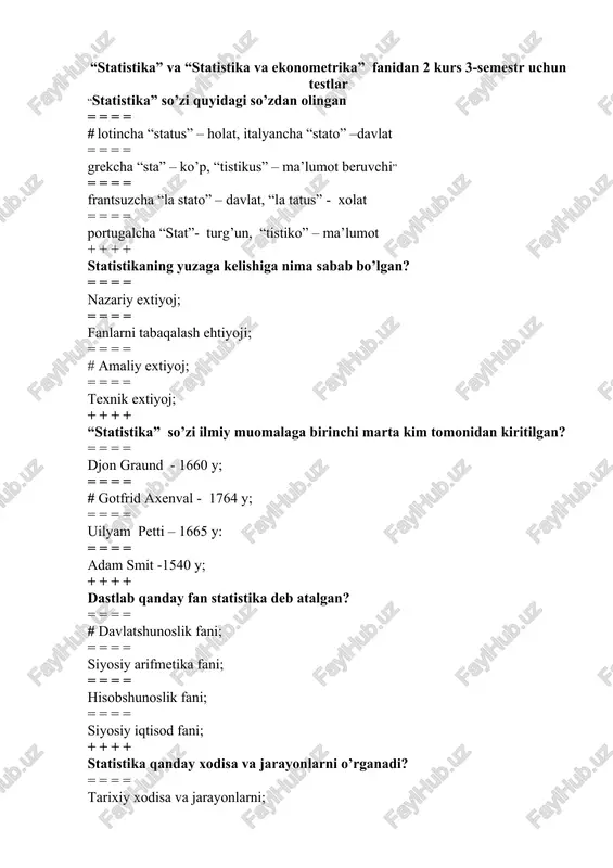 statistika va ekonometrika testlar — DOCX