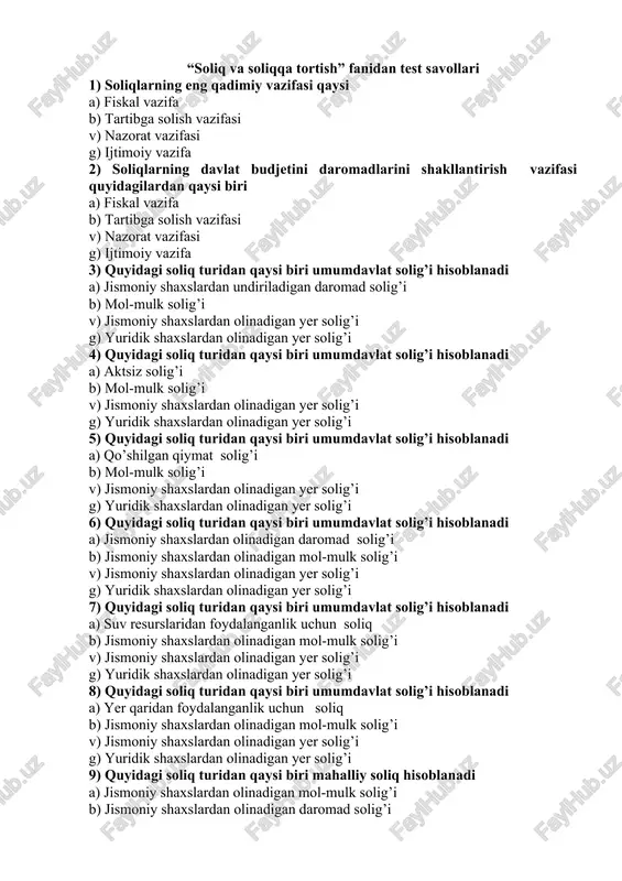 "soliq va soliqqa tortish" fanidan test savollari — DOCX