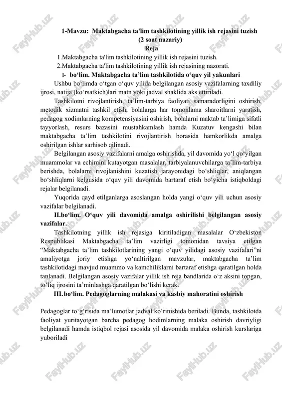 maktabgacha ta'lim tashkilotining yillik ish rejasini tuzish — DOCX