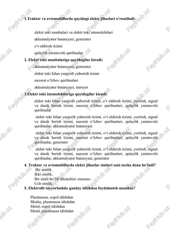 traktor va avtomobillardagi elektr jihozlar — DOCX