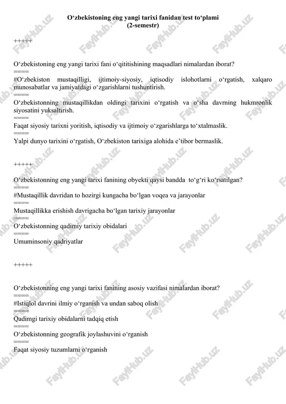 o‘zbekistoning eng yangi tarixi fanidan test to‘plami (2-semestr) — DOCX