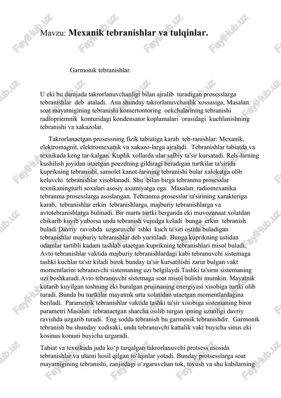 mexanik tebranishlar va tulqinlar — DOCX