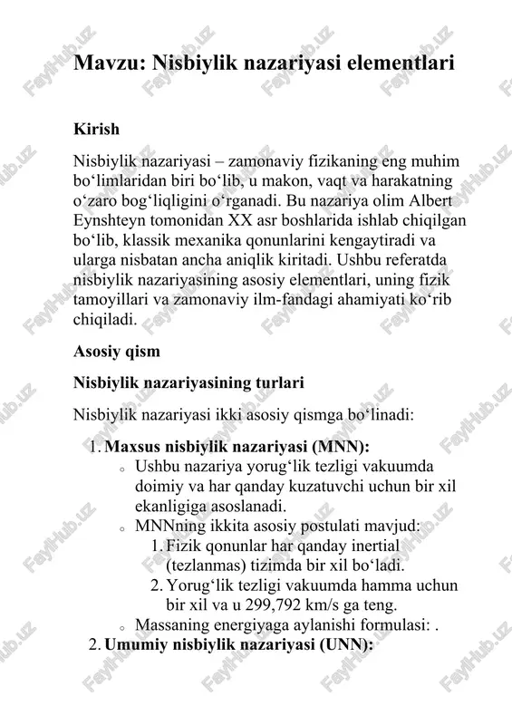 nisbiylik nazariyasi elementlari — DOCX