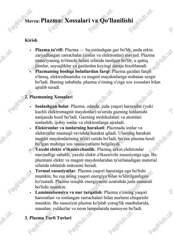 plazma: xossalari va qo'llanilishi — DOCX