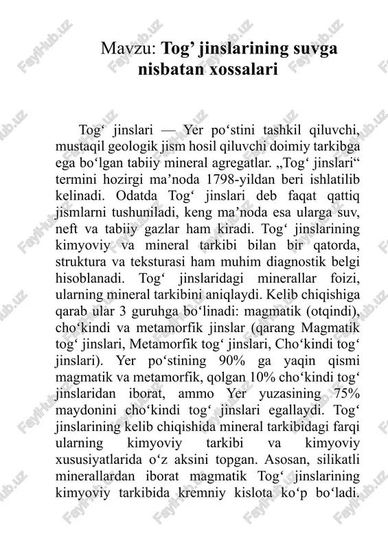 tog’ jinslarining suvga nisbatan xossalari — DOCX