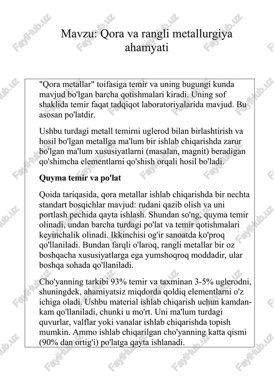 qora va rangli metallurgiya ahamyati — DOCX