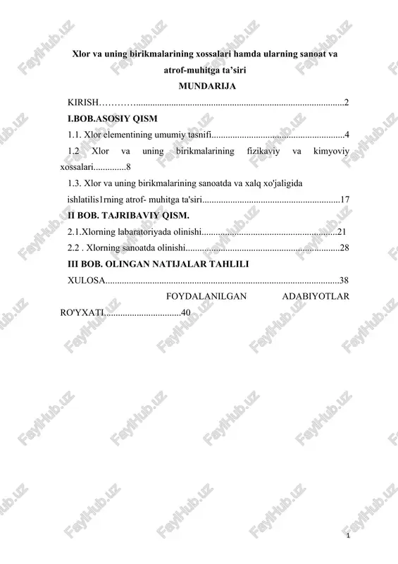 xlor va uning birikmalarining xossalari hamda ularning sanoat va atrof-muhitga ta’siri — DOCX