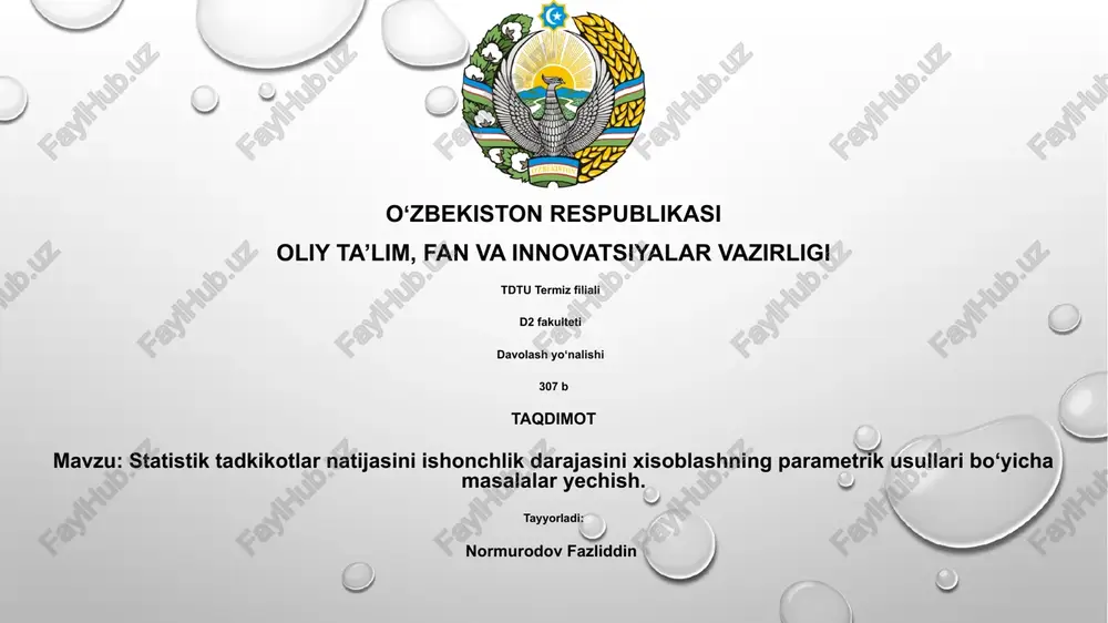 statistik tadkikotlar natijasini ishonchlik darajasini xisoblashning parametrik usullari — PPTX