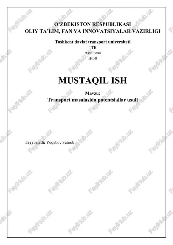 transport masalasida potentsiallar usuli — DOCX