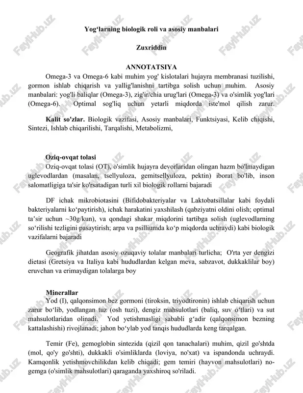 yogʻlarning biologik roli va asosiy manbalari — DOCX
