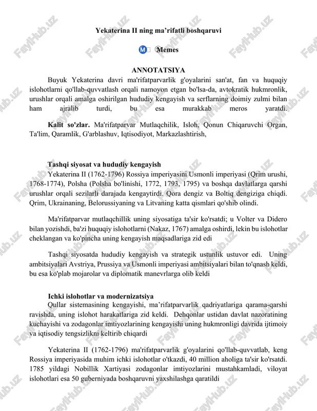 yekaterina ii ning ma’rifatli boshqaruvi — DOCX