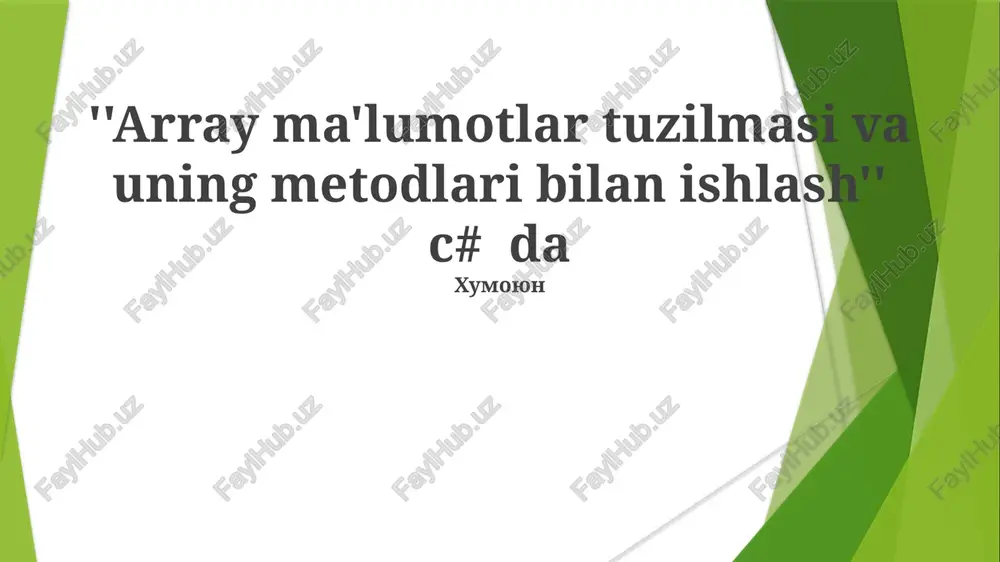 array ma'lumotlar tuzilmasi va uning metodlari bilan ishlash — PPTX