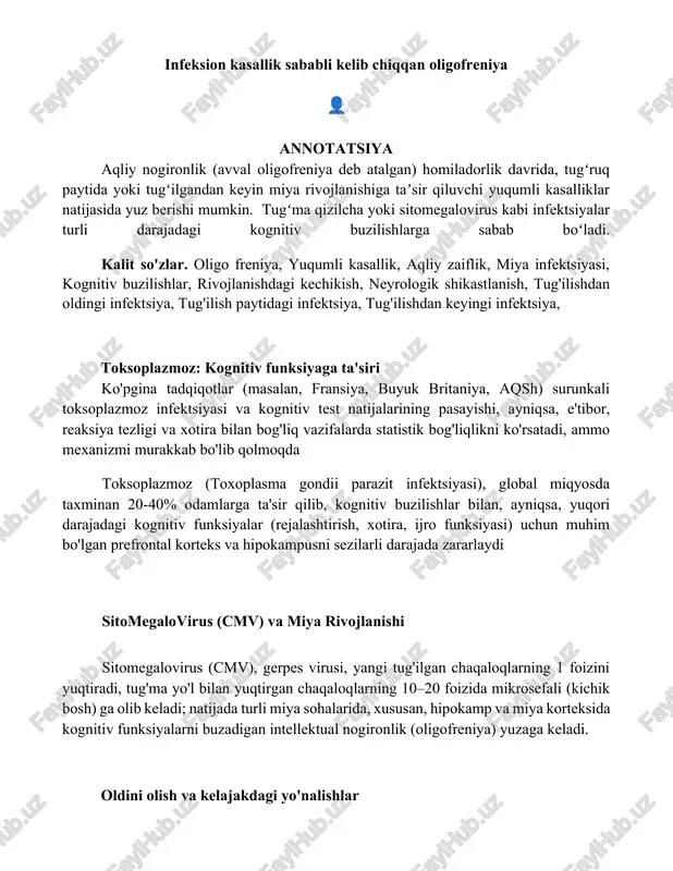 infeksion kasallik sababli kelib chiqqan oligofreniya — DOCX
