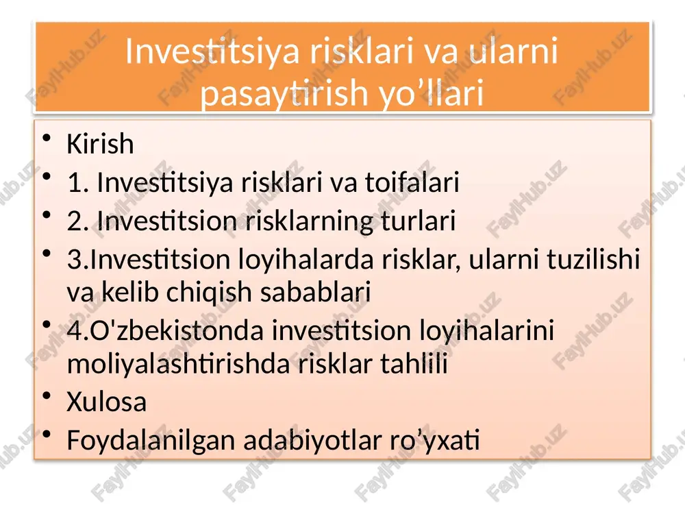 investitsiya risklari va ularni pasaytirish yo'llari — PPTX