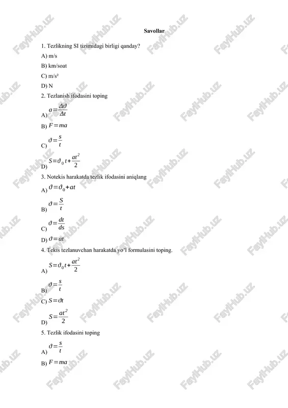 fizika test, yakuniy test 400 talik, javobsiz — DOCX