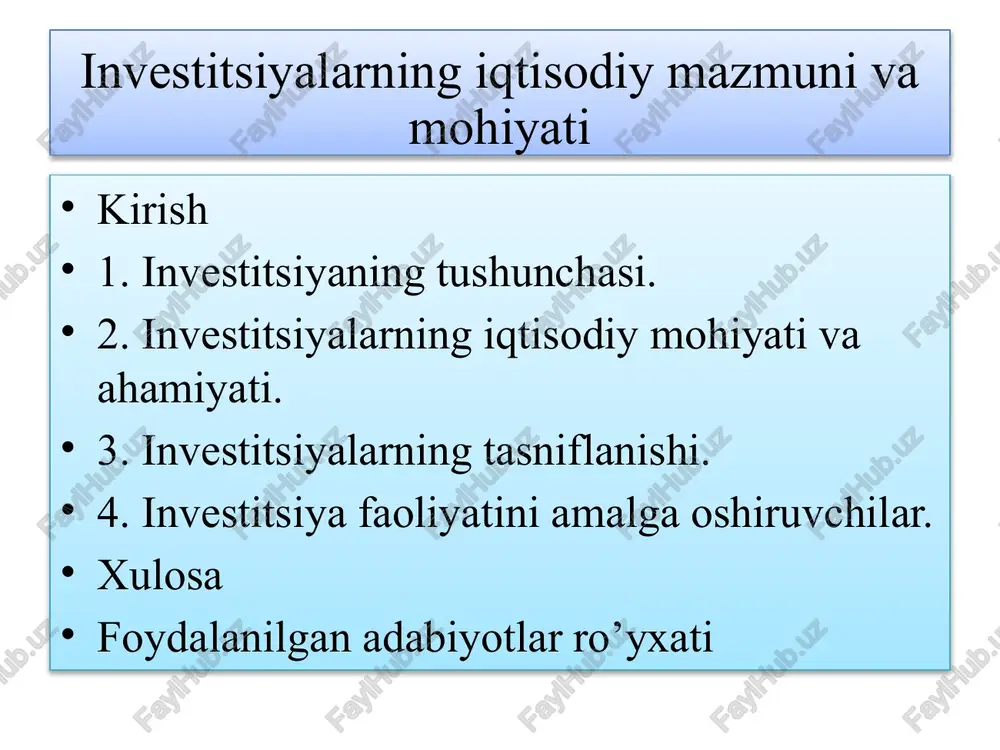 investitsiyalarning iqtisodiy mazmuni va mohiyati — PPTX