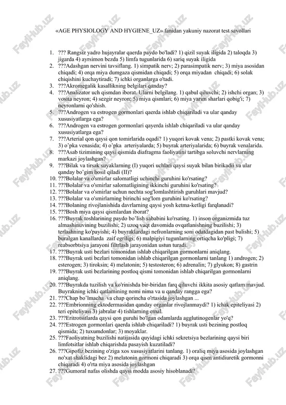 age physiology and hygiene_uz fanidan yakuniy nazorat test savollari — DOCX
