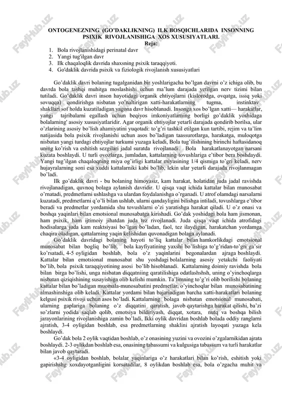 ontogenezning (go'daklikning) ilk bosqichlari — DOCX