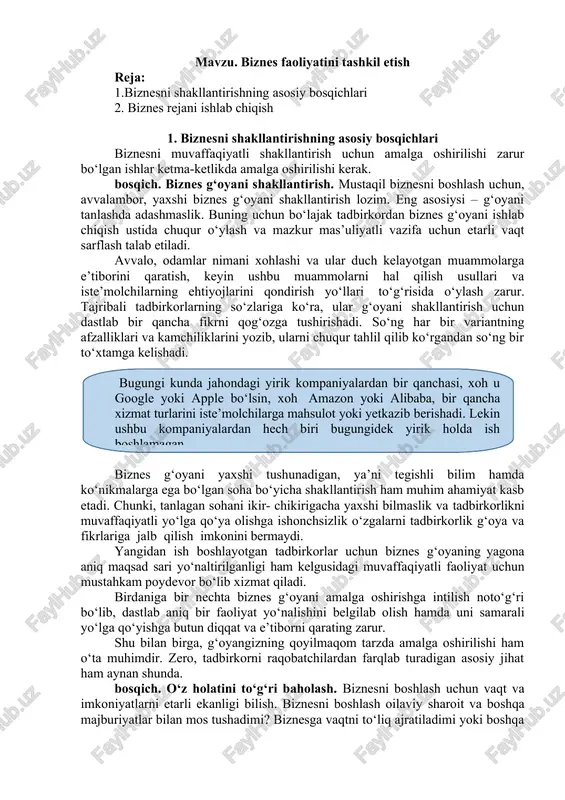 biznes faoliyatini tashkil etish — DOCX