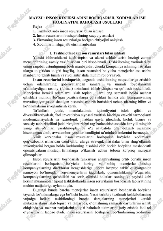 inson resurslarini boshqarish, xodimlar ish faoliyatini baholash usullari — DOCX