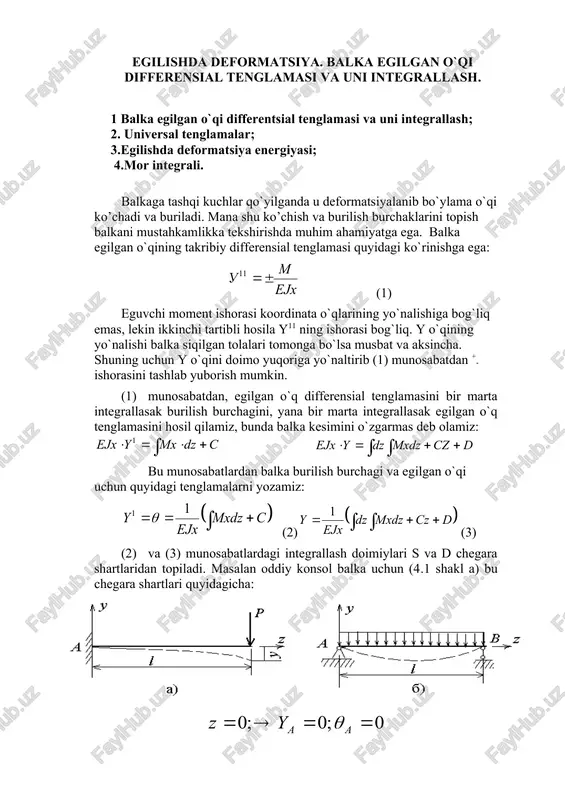 balka egilgan o`qi differensial tenglamasi va uni integrallash — DOCX