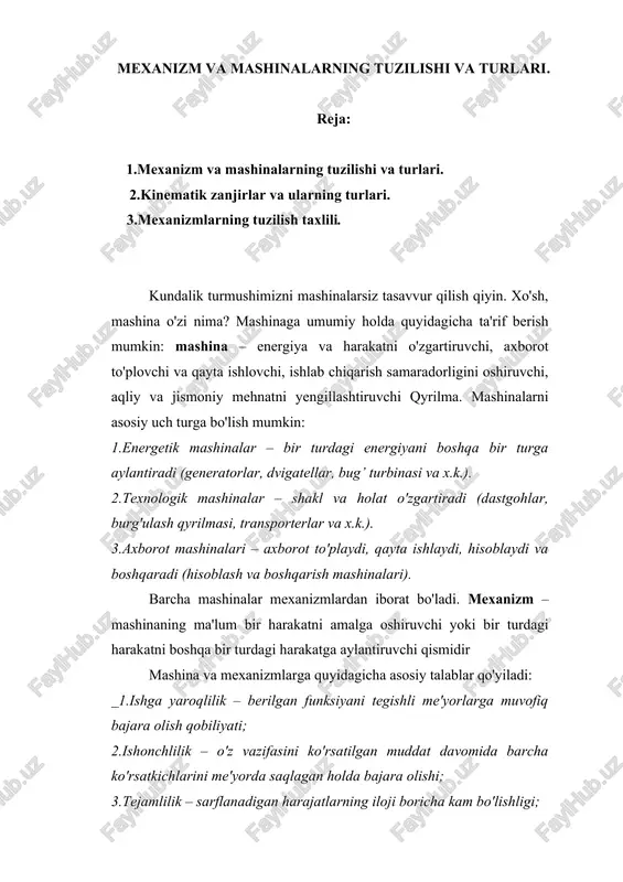 mexanizm va mashinalarning tuzilishi va turlari — DOCX