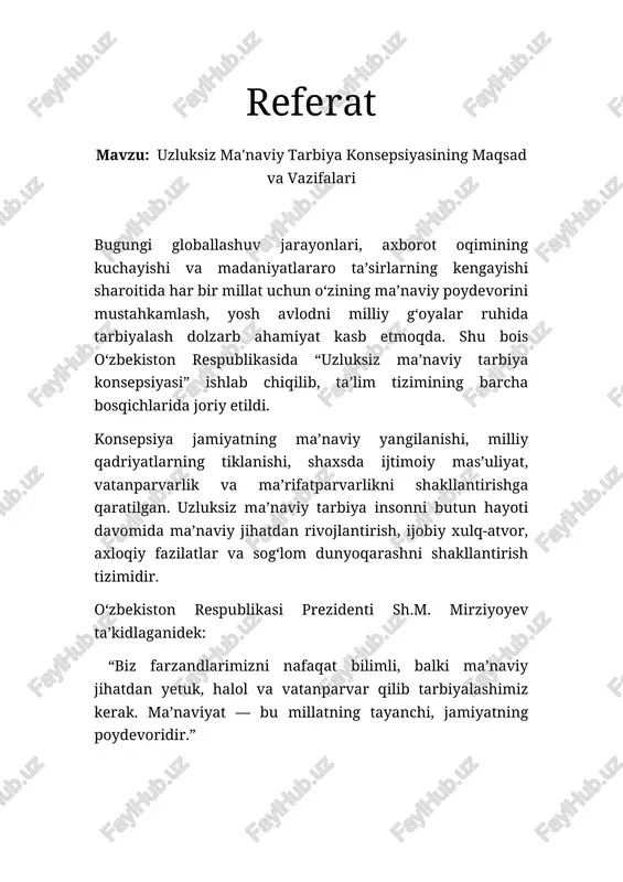 uzluksiz ma'naviy tarbiya konsepsiyasi — DOCX