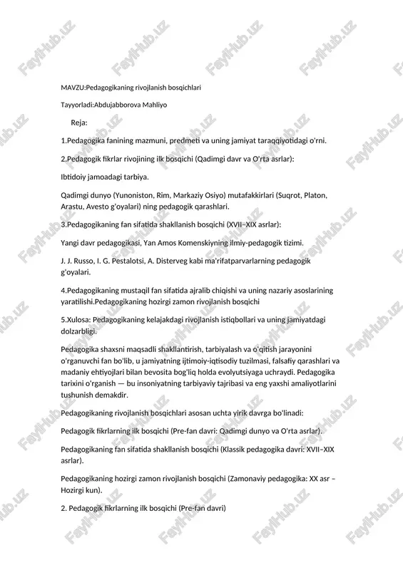 pedagogikaning rivojlanish bosqichlari — DOCX