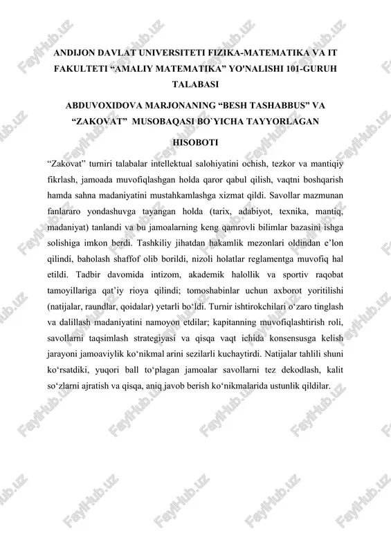"besh tashabbus" va "zakovat" musobaqasi — DOCX